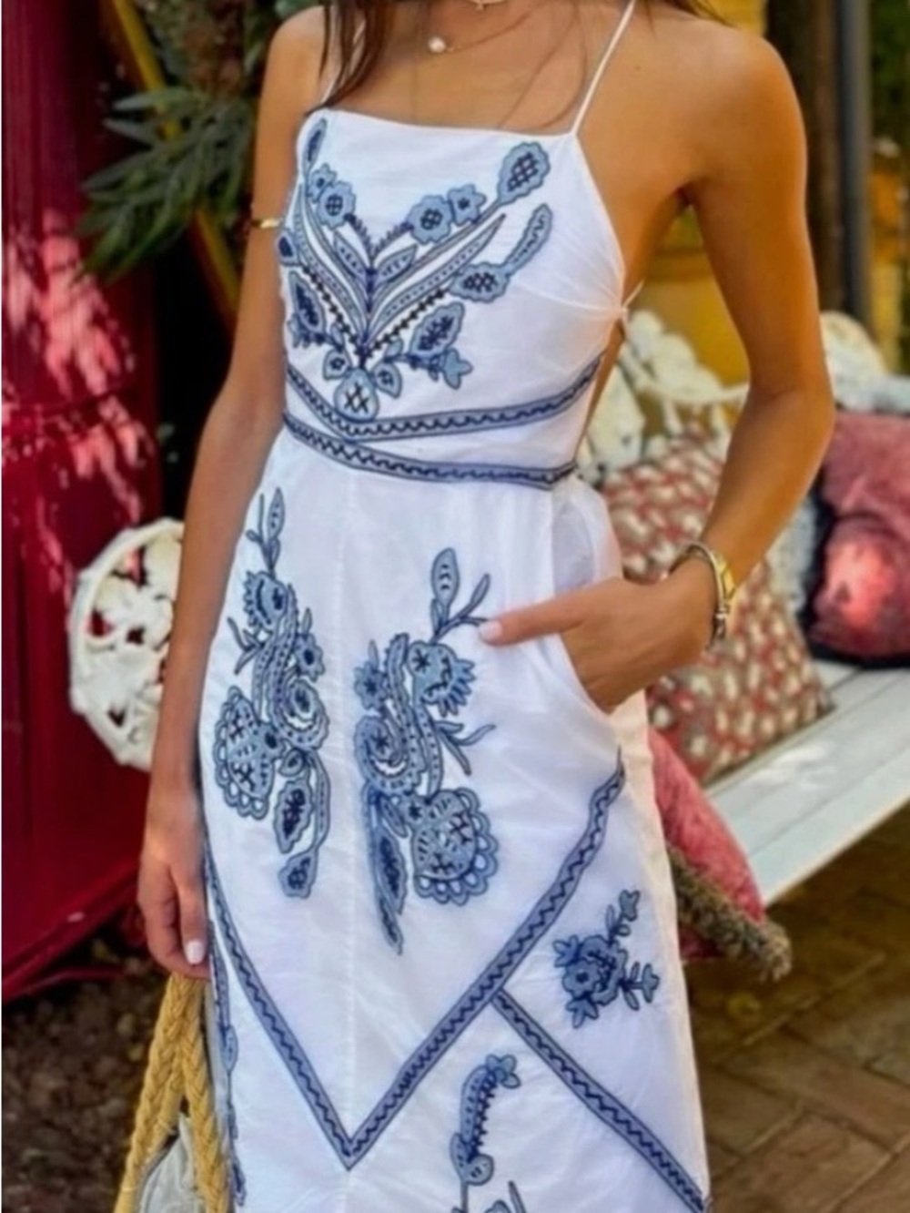 Zara embroidered blue and white backless dress